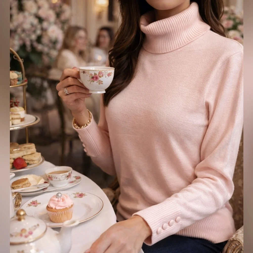 Knit Blush Pink XL Turtleneck Sweater – Button Cuff Detail